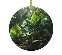 YYHHAOFA Green Tropical Jungle Plant Picture Christmas Ceramic Round Pendant - 2.9in Equipped with a Durable Gold Wire Rope for Easy Hanging on Christmas Trees