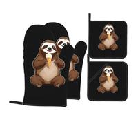 YYHHAOFA Happy Ice Cream Sloth Prints Kitchen Covers: Waterproof Oven Layers for Easy Cooking & Cleanup - 4 Piece Heat Shield Set