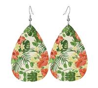 YYHHAOFA hojas tropicales y flores Prints Teardrop Leather Earrings - Lightweight Dangles with Silver-Plated Hooks, Vivid Color & Rust-Resistant Design for Parties & Gifts