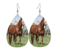 YYHHAOFA Horse in Front Flowering Trees Prints Teardrop Leather Earrings - Lightweight Dangles with Silver-Plated Hooks, Vivid Color & Rust-Resistant Design for Parties & Gifts
