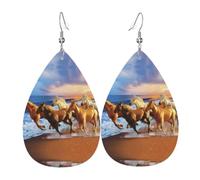 YYHHAOFA Horses on The Beach Prints Teardrop Leather Earrings - Vivid Dangle Drops for Women, Lightweight Fashion Jewelry, Silver-Plated Hooks for Sensitive Ears & Holiday Events