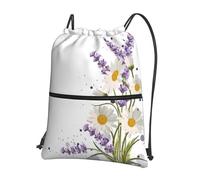 YYHHAOFA lavender and daisies Prints Drawstring Zipper Backpack - Lightweight Gym Bag with Water-Resistant Fabric, Convenient Front Pocket & Adjustable Straps for Travel