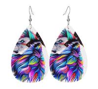 YYHHAOFA Lions Head Prints Teardrop Leather Earrings - Lightweight Dangle Earrings for Women, Vivid Color Faux Leather Drops with Silver Plated Hooks