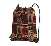YYHHAOFA Lodge Bear Deer Fish Prints Drawstring Zipper Backpack - Lightweight Gym Throw Bag with Water-Resistant Fabric & Multiple Pockets for Travel & Sports