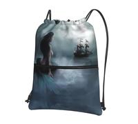 YYHHAOFA Mermaid Girl And Sailing on Sea Pirate Ship Prints Drawstring Zipper Backpack - Lightweight Gym Throw Bag with Water-Resistant Fabric & Multiple Pockets for Travel & Sports