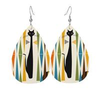 YYHHAOFA Mid-Century Modern Art Cat Prints Teardrop Leather Earrings - Vivid Dangle Drops for Women, Lightweight Fashion Jewelry, Silver-Plated Hooks for Sensitive Ears & Holiday Events