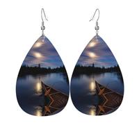 YYHHAOFA Moonlit Canoe River Prints Teardrop Leather Earrings - Vivid Dangle Drops for Women, Lightweight Fashion Jewelry, Silver-Plated Hooks for Sensitive Ears & Holiday Events