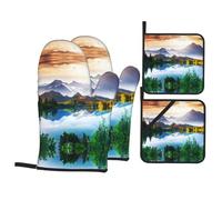 YYHHAOFA Mountain Lake View Sunny Day Nature Prints Kitchen Baking Set with Heat Resistant Pot Holders & Oven Mitts - Waterproof Layer for Hot Dishes, Grill & Microwave