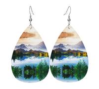 YYHHAOFA Mountain Lake View Sunny Day Nature Prints Teardrop Leather Earrings - Lightweight Dangles with Silver-Plated Hooks, Vivid Color & Rust-Resistant Design for Parties & Gifts
