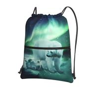 YYHHAOFA Northern Lights Bear Prints Drawstring Zipper Backpack - Lightweight Gym Throw Bag with Water-Resistant Fabric & Multiple Pockets for Travel & Sports
