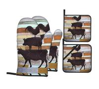 YYHHAOFA Oven Mitts and Pot Holders Set, Cow Chicken and Pig Pattern, Waterproof Polyester, Black, 4 Piece