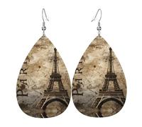 YYHHAOFA Paris Eiffel Tower Prints Teardrop Leather Earrings - Lightweight Dangles with Silver-Plated Hooks, Vivid Color & Rust-Resistant Design for Parties & Gifts