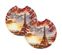 YYHHAOFA Paris Eiffel Tower with Autumn Leaves Prints Car Cup Coasters 2-Pack - Engineered Neoprene Layers: Heat, Spill & Scratch Defense
