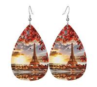 YYHHAOFA Paris Eiffel Tower with Autumn Leaves Prints Drip Earrings - Stylish Faux Leather Drops with 925 Sterling Silver Hooks - Hypoallergenic & Long-Lasting
