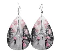 YYHHAOFA Paris Street Eiffel Tower Pink Floral Prints Teardrop Leather Earrings - Vivid Dangle Drops for Women, Lightweight Fashion Jewelry, Silver-Plated Hooks for Sensitive Ears & Holiday Events