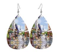 YYHHAOFA Paris Street Scene Eiffel Tower Prints Teardrop Leather Earrings - Lightweight Dangles with Silver-Plated Hooks, Vivid Color & Rust-Resistant Design for Parties & Gifts