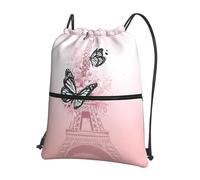 YYHHAOFA Paris Tower And Butterfly Prints Drawstring Zipper Backpack - Lightweight Gym Throw Bag with Water-Resistant Fabric & Multiple Pockets for Travel & Sports