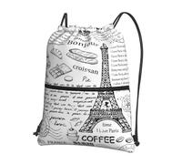 YYHHAOFA Parisian Coffee Eiffel Tower Prints Drawstring Zipper Backpack - Lightweight Gym Bag with Water-Resistant Fabric, Convenient Front Pocket & Adjustable Straps for Travel