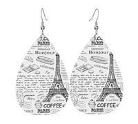 YYHHAOFA Parisian Coffee Eiffel Tower Prints Teardrop Leather Earrings - Vivid Dangle Drops for Women, Lightweight Fashion Jewelry, Silver-Plated Hooks for Sensitive Ears & Holiday Events