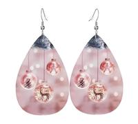 YYHHAOFA Pink Christmas Ball Prints Drip Leather Earrings - Elegant Faux Leather Drops for Festive & Everyday Style