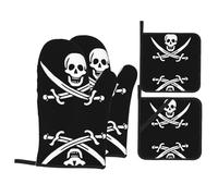 YYHHAOFA Pirate Flag Oven Mitts and Pot Holders Set, Black, Waterproof Polyester, 4 Piece