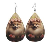 YYHHAOFA Pomeranian and flowers Prints Leather Teardrop earrings Pendant Stylish and light Lightweight Dangle for Women Girls, One Size, Leather, No Gemstone, White