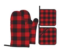 YYHHAOFA Red Black Buffalo Check Prints Kitchen Baking Set with Heat Resistant Pot Holders & Oven Mitts - Waterproof Layer for Hot Dishes, Grill & Microwave