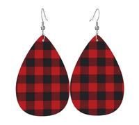 YYHHAOFA Red Black Buffalo Check Prints Teardrop Leather Earrings - Lightweight Dangles with Silver-Plated Hooks, Vivid Color & Rust-Resistant Design for Parties & Gifts