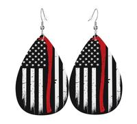 YYHHAOFA Red Line Firefighter USA Flag Prints Teardrop Leather Earrings - Vivid Dangle Drops for Women, Lightweight Fashion Jewelry, Silver-Plated Hooks for Sensitive Ears & Holiday Events