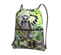 YYHHAOFA Ringtailed Lemur Prints Drawstring Zipper Backpack - Lightweight Gym Throw Bag with Water-Resistant Fabric & Multiple Pockets for Travel & Sports