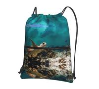 YYHHAOFA Sea Turtle Prints Drawstring Zipper Backpack - Lightweight Gym Bag with Water-Resistant Fabric, Convenient Front Pocket & Adjustable Straps for Travel