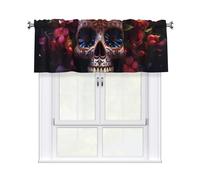 YYHHAOFA Short Curtains with Valance Rod 54x18in Sugar Horror Skull and Flowers Picture for Kitchen, Bathroom, bedroom, Studio, Fits Most Standard or Decorative Curtain Rods