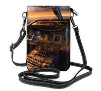 YYHHAOFA Small Cell Phone Purse 7.6x4.9in Airplane Cockpit Picture Leather Crossbody Flap Phone Case For Women, Perfect For Walking, Camping Black