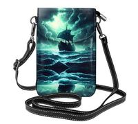 YYHHAOFA Small Cell Phone Purse 7.6x4.9in Doomsday Sea Monster Ship Picture Leather Crossbody Flap Phone Case For Women, Perfect For Walking, Camping Black