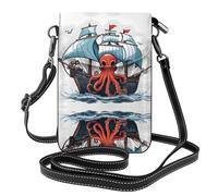 YYHHAOFA Small Cell Phone Purse 7.6x4.9in Sailing Pirate Octopus Picture Leather Crossbody Flap Phone Case For Women, Perfect For Walking, Camping Black
