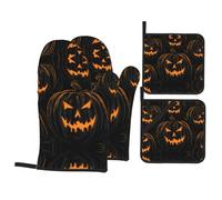 YYHHAOFA Spooky Pumpkin Lights Printing Oven Mitts and Pot Holders Set of 4 Kitchen baking Thick and durable, anti-scalding and heat-insulating