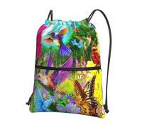 YYHHAOFA Spring Floral Butterfly Hummingbird Prints Drawstring Zipper Backpack - Lightweight Gym Bag with Water-Resistant Fabric, Convenient Front Pocket & Adjustable Straps for Travel