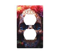 YYHHAOFA Sugar Horror Skull and Flowers Pattern Double Socket Wall Panel Electrical Socket Cover Plate Shatter Decoration Durable 4.5x2.76in