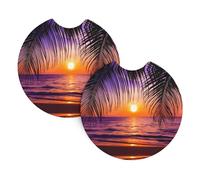 YYHHAOFA Sunset Ocean with Tropical Palm Trees Twilight Scenery Prints Car Cup Coasters 2-Pack - Stylish Drink Protectors: Keep Your Ride Clean & Fresh!