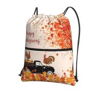 YYHHAOFA Thanksgiving Turkey on Pumpkin Car Prints Drawstring Zipper Backpack - Lightweight Gym Bag with Water-Resistant Fabric, Convenient Front Pocket & Adjustable Straps for Travel
