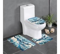 YYHHAOFA Ukiyo-e Style Waves Picture Anti-Slip Bathroom Rugs Set - 3-Piece Contour, Oval & Rectangular Mats for Toilet, Vanity & Restrooms
