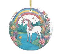 YYHHAOFA Unicorns by The River Picture Christmas Ceramic Round Pendant - 2.9in Equipped with a Durable Gold Wire Rope for Easy Hanging on Christmas Trees