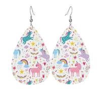 YYHHAOFA Unicorns Pink Prints Teardrop Leather Earrings - Vivid Dangle Drops for Women, Lightweight Fashion Jewelry, Silver-Plated Hooks for Sensitive Ears & Holiday Events