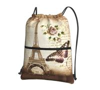 YYHHAOFA Vintage Paris Eiffel Tower Butterfly Prints Drawstring Zipper Backpack - Lightweight Gym Throw Bag with Water-Resistant Fabric & Multiple Pockets for Travel & Sports
