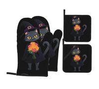 YYHHAOFA Witch Cat Holding A Bouquet Prints Kitchen Covers: Waterproof Oven Layers for Easy Cooking & Cleanup - 4 Piece Heat Shield Set