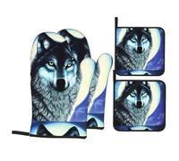 YYHHAOFA Wolf Under Moon Picture Oven Mitts and Pot Holders Sets - Heat-Resistant, Waterproof, and Durable Kitchen Baking Four-Piece Set
