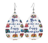 YYHHAOFA You Make Me Happy Camper Trailer Prints Teardrop Leather Earrings - Vivid Dangle Drops for Women, Lightweight Fashion Jewelry, Silver-Plated Hooks for Sensitive Ears & Holiday Events