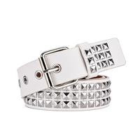 YYHJM 3 Row Pyramid Studded Belts Silver Stud Black Belt PU Leather Punk Goth Metal Belt, White
