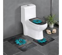 YYHWHJDE 3-Piece Anti Slip Floor Mat Set Teal Flower on Wooden Plank Prints Bathroom Rugs for Ultimate Comfort, Master Bathrooms