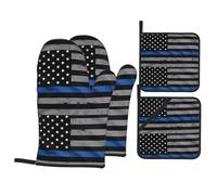 YYHWHJDE American Thin Blue Line Flag Oven Mitts and Pot Holders, Waterproof Polyester, Black, 21 x 21 cm, 4 Piece Set